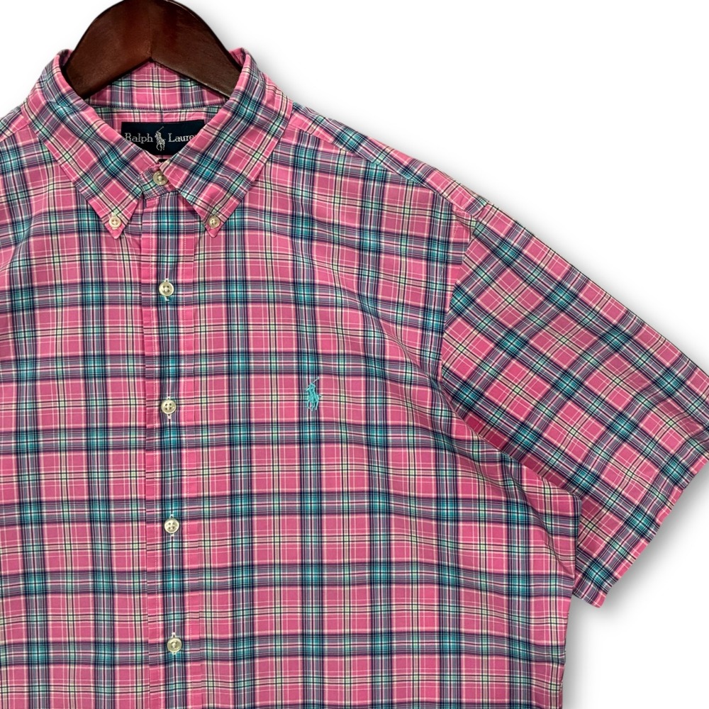 Ralph Lauren Pink Classic Fit Short Sleeve Plaid Button Down Shirt Men's L‎